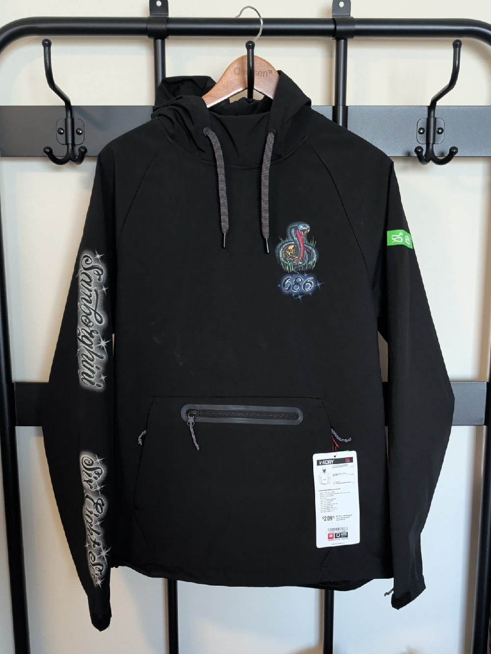686 Men's Black Ski Hoodie Jacket with Embroidered Snake Logo